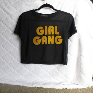 NEW FOREVER 21 MESH BLACK & YELLOW GIRL GANG SHIRT